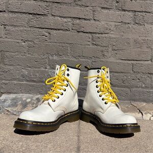 White Dr. Martens with Yellow Laces
